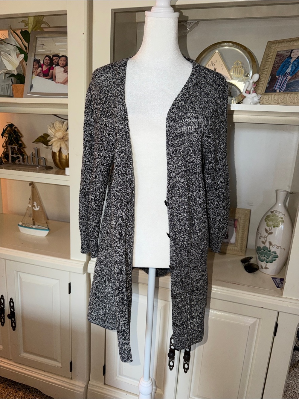 DKNY Black & White Marled Open-Front Cardigan